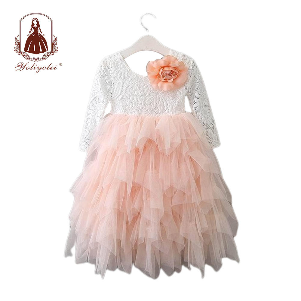 TU015 Fashion Long Sleeve Children Clothing Dress Tutu Design Polyester Tulle Layered Girl Dress With Big Flower