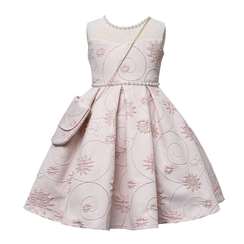 S2401 Summer Wholesale Formal Elegant Short Sleeve Crew Neck 5-9 Years Party Baby Girl Dresses