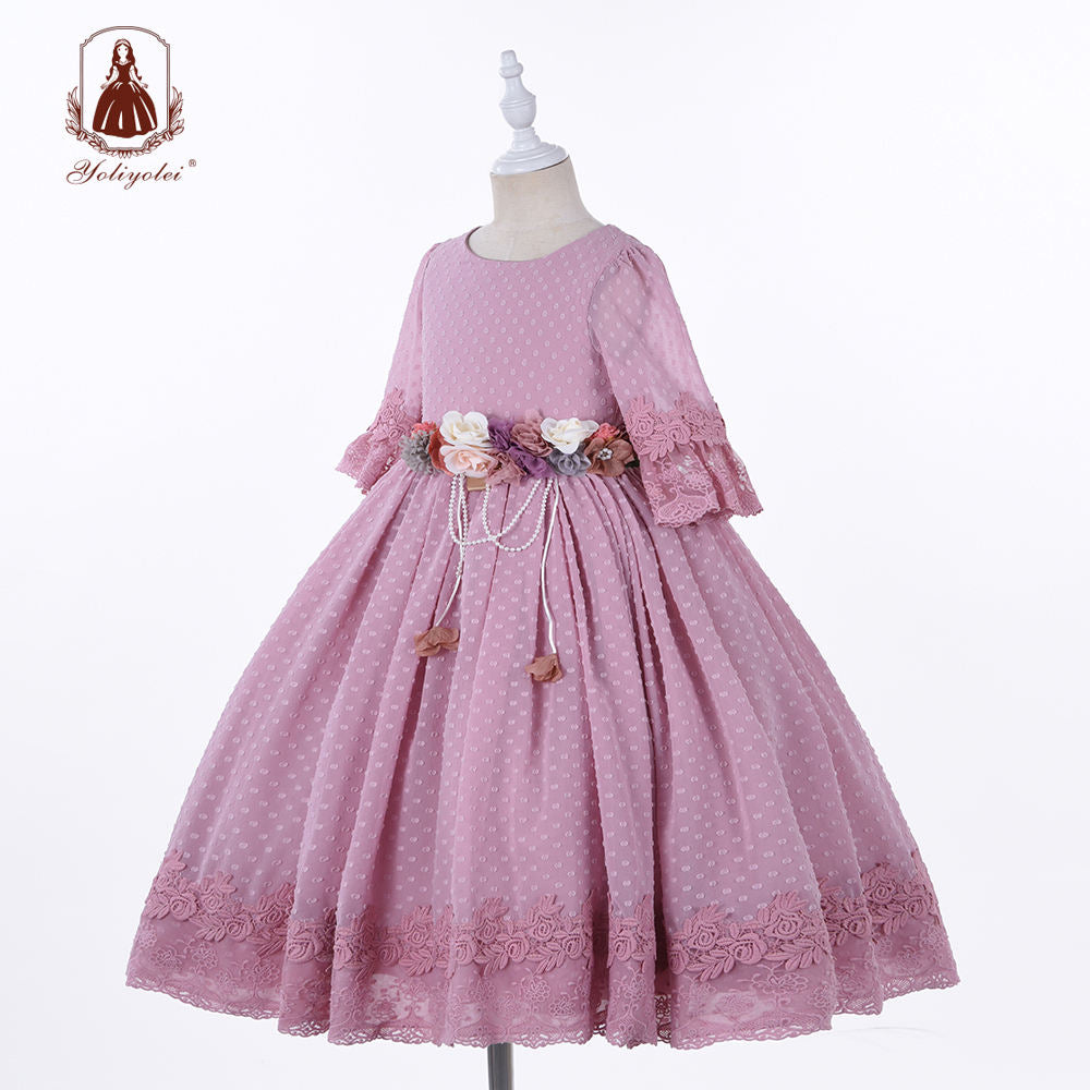 A7486 Fashion Half Sleeve Girl, Fluffy Dress Dot Solid Flower Lace Skirt Pleated Pageant Purple Party Wear Gown For Kid