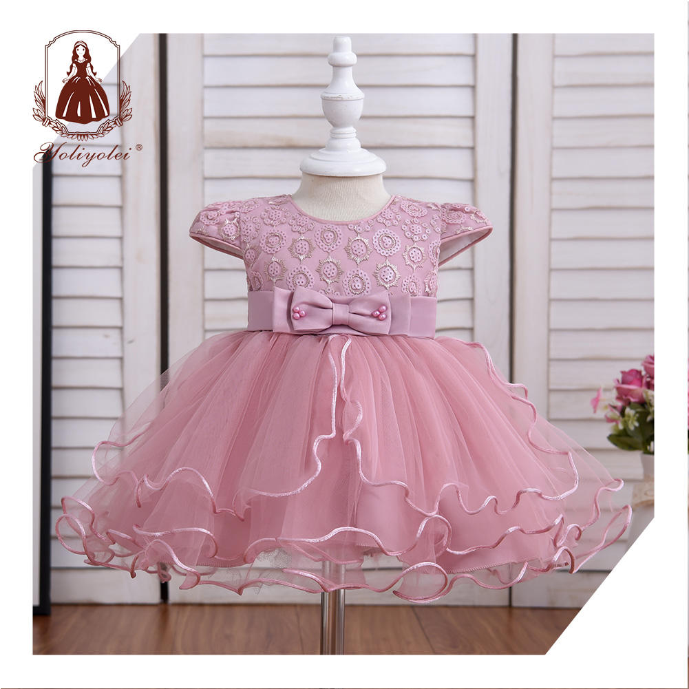 B2-192  0-2 Years Evening Wear Girl Dress Short Sleeve Pink Gauze Tulle Split Hem Children Baby Party Dress With Bow Belt