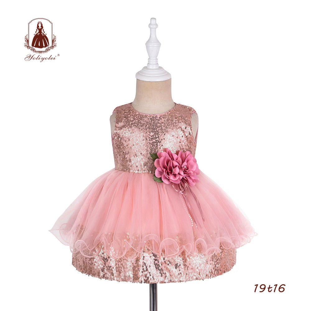 19T16 Baby Wholesalers Fashion Sequin Sleeveless 0-2 Years Peach Party Girls Dresses