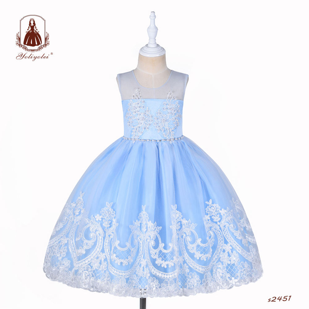 S2451 American Girl Classic Retro Elegant Summer Embroidered Children Girl Party Dress European Lace Dress For Children