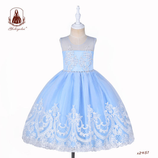 S2451 American Girl Classic Retro Elegant Summer Embroidered Children Girl Party Dress European Lace Dress For Children