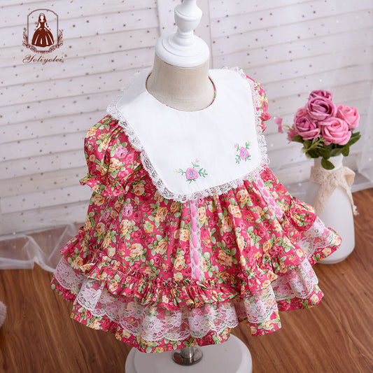 DK111 Summer Girls Children Short Sleeve Printed Princess Dress Lolita Kids Lace Floral Spanish Baby Dress For Girls 1 to 6 Years