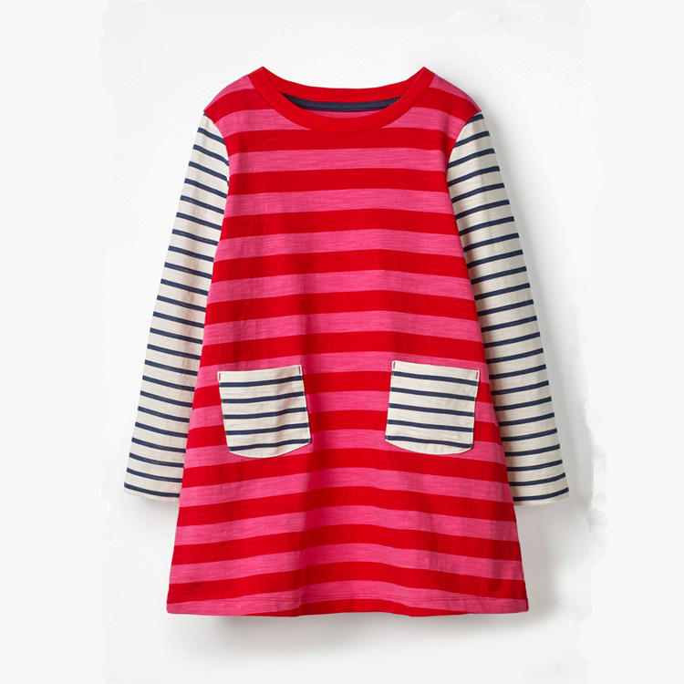 QY018 Wholesale Autumn Apparel Children Frock Designs O-Neck Colorful Pocket Cotton Casual Long Sleeve Fall Winter Girl Stripes Dress