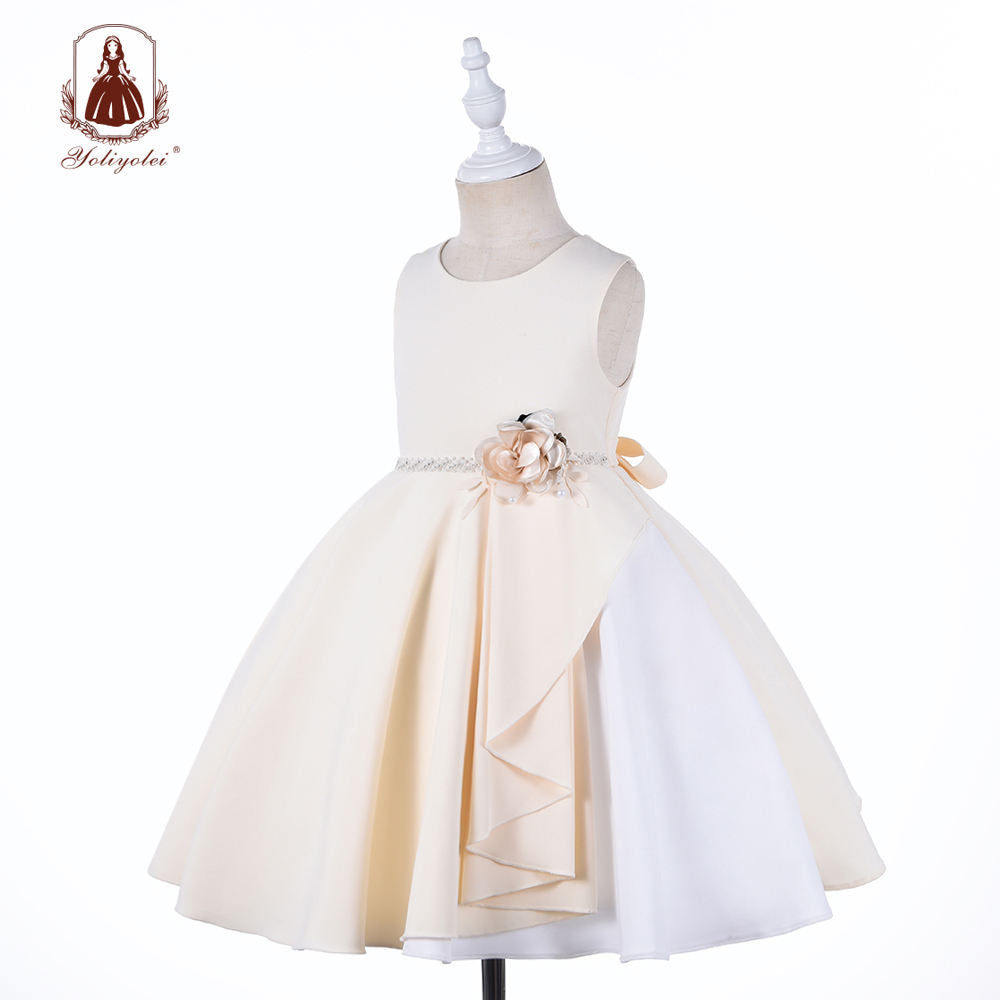 W8255 One Piece Wholesale Sleeveless Light Champagne Fashion Latest Design Pleated Patchwork Flower Girl Dress With Solid Flower