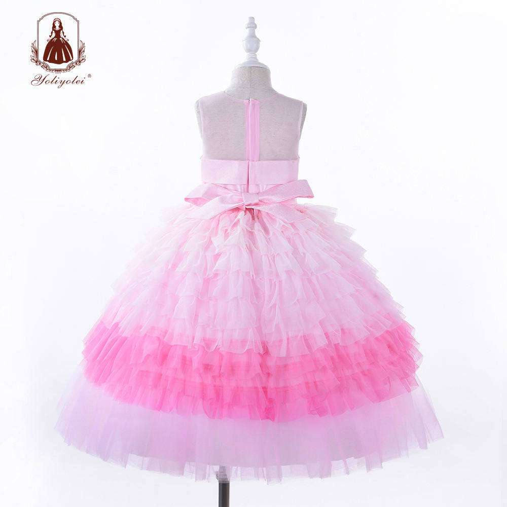 A1-121 Kids Wear Floor Length Long Princess Party Frock Beading Blush Pink Cake Tutu Girl Dress With Ball Gown Design