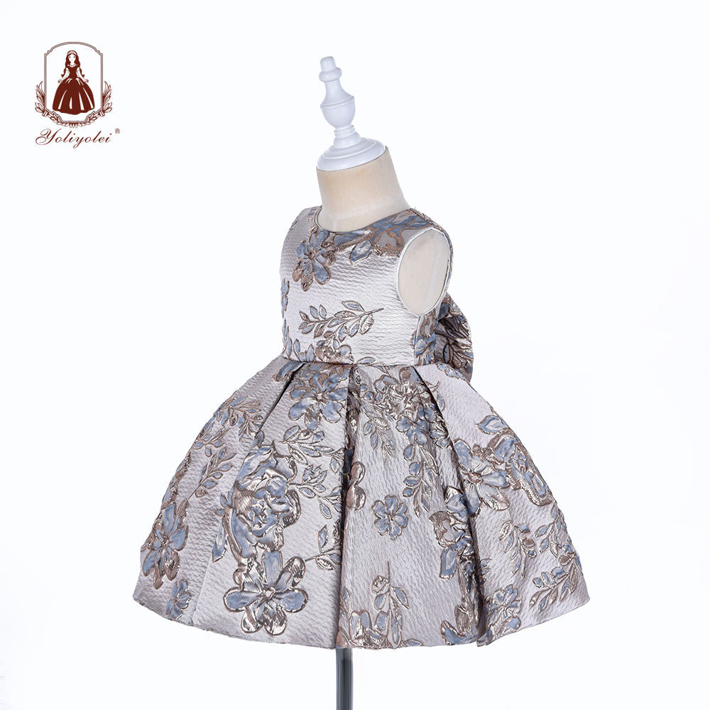 BOS2033 Wholesalers Princess Sweet Sleeveless Crew Neck Block Printed Gray Party Baby Girl Dresses