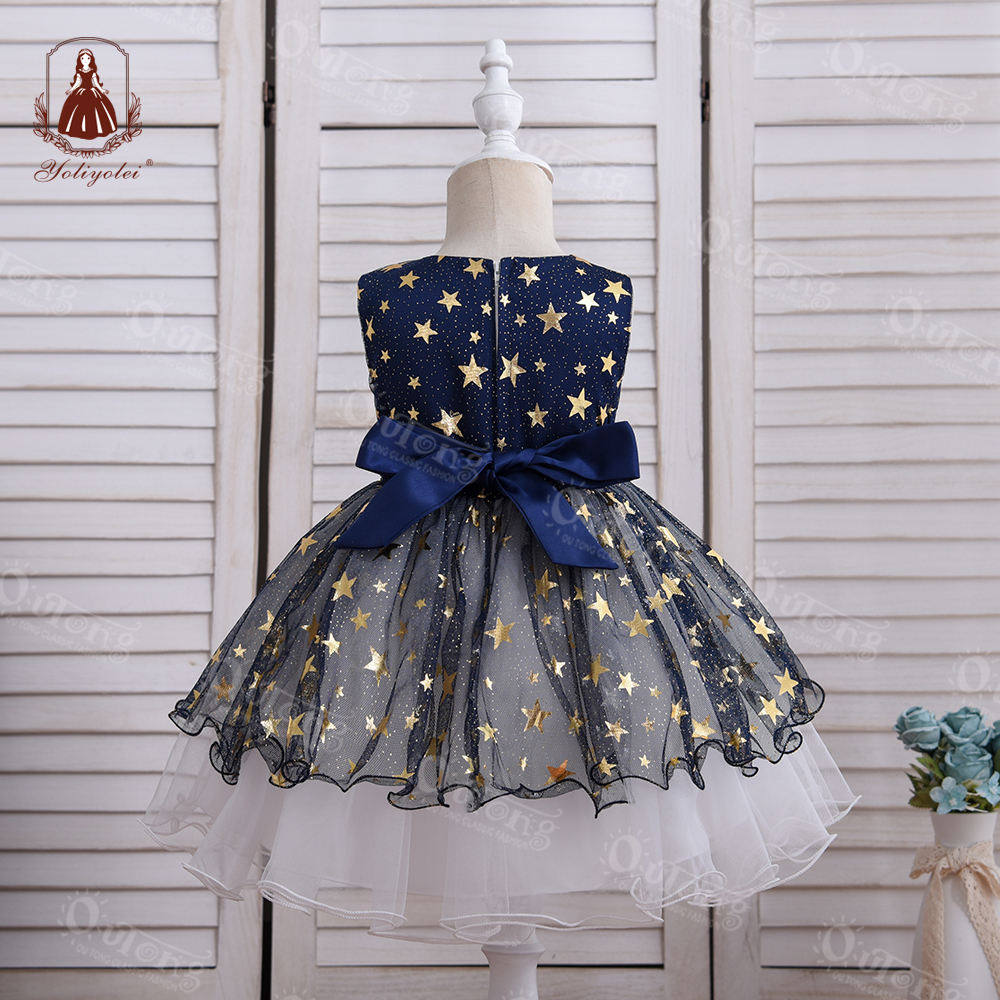 B4-941 Yoliyolei 0-2y Star Pattern Bling Black White Girl Formal Party Wear Baby Dress For Kids