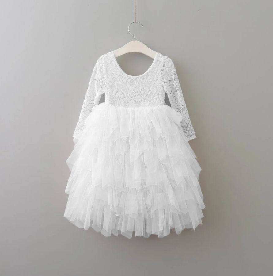 TU015 Fashion Long Sleeve Children Clothing Dress Tutu Design Polyester Tulle Layered Girl Dress With Big Flower