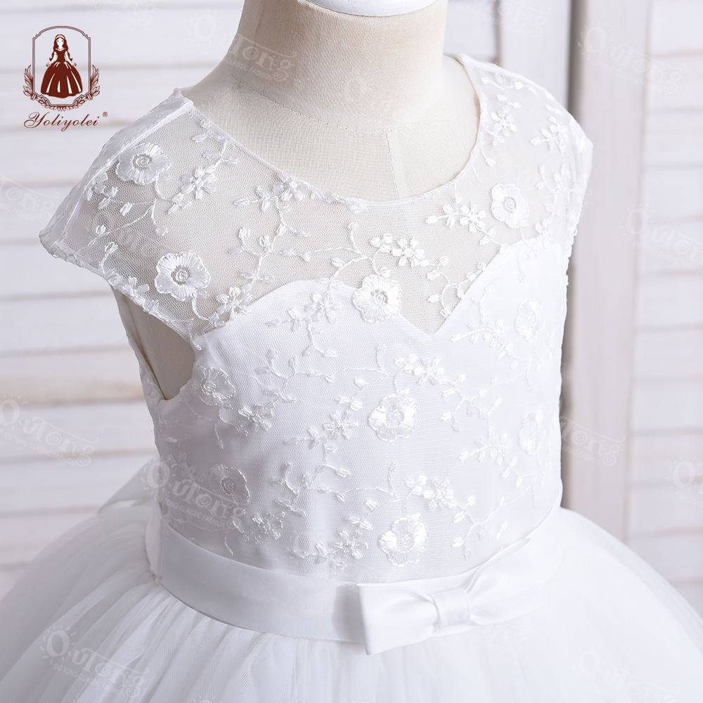 KE07 Semi-Perspective Top Embroidered Flower Party Wear Princess White Kids Bridesmaid Wedding Dress For Girl