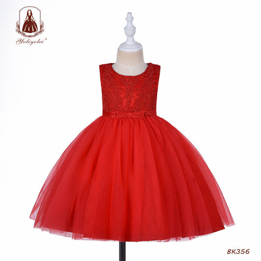 BK356 Wholesale Embroidery Top Ball Gown Bow Belt Boutique Children Wear Rose Red Long Toddler Frock Dress For Girl