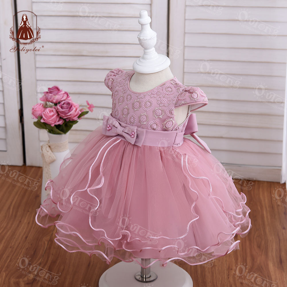 B2-192  0-2 Years Evening Wear Girl Dress Short Sleeve Pink Gauze Tulle Split Hem Children Baby Party Dress With Bow Belt