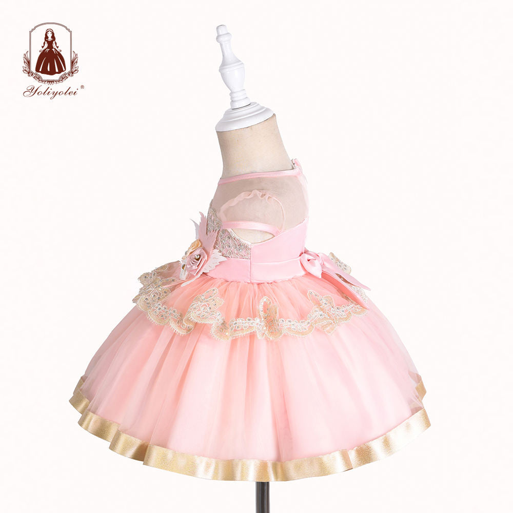 BO-707 Yoliolei Wholesalers Princess Sweet Short Sleeve Crew Neck Layered Pink Party Baby Girl Dresses