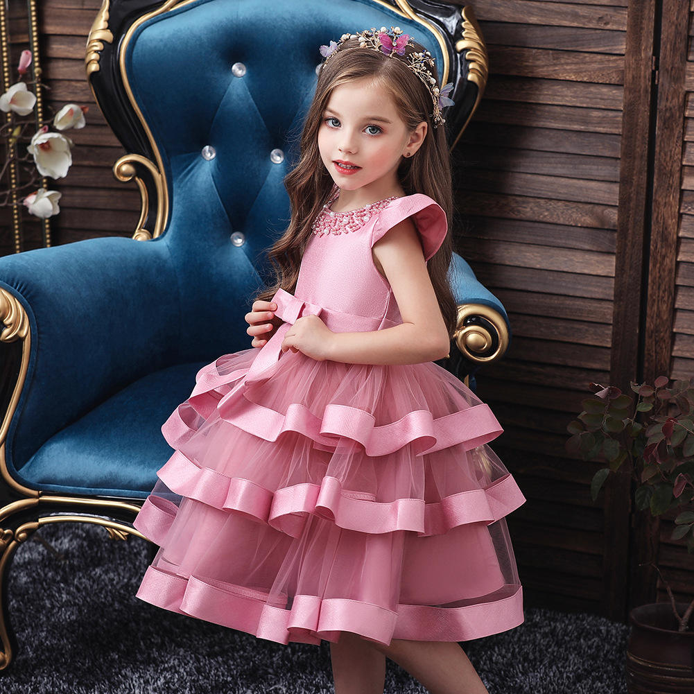 P002 High-end Princess Evening Dress Layered Pink Dress Wedding Party Lovely Girl Birthday Party Dress For 0-8 Years