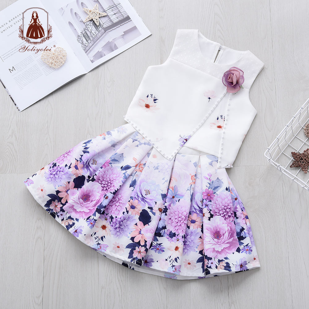 W3248 Yoliyolei Solid Flower New Arrival Flower Printed Top&Skirt Children Cloth Pattern Girl Outfits Sets