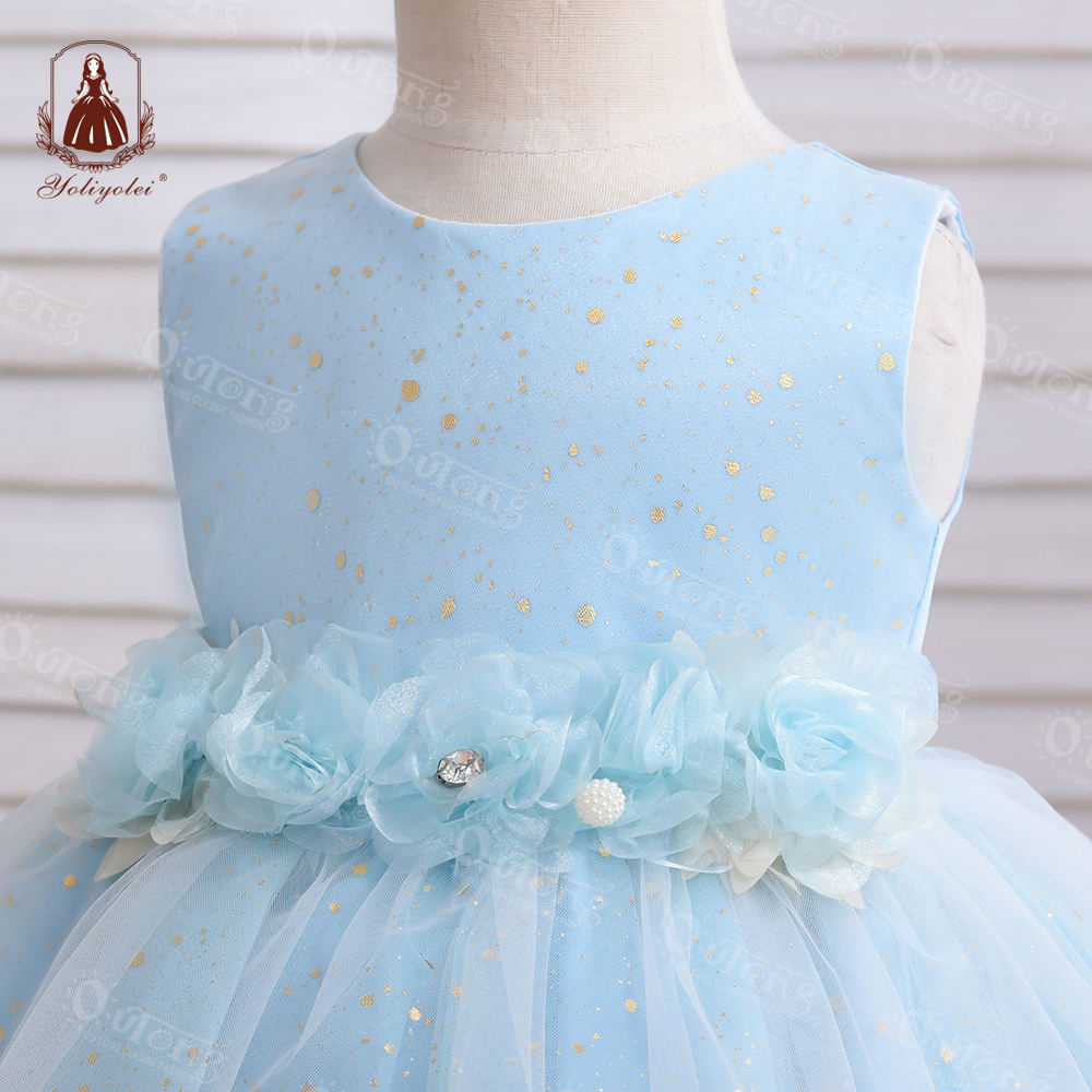 B0-2369 NewBorn Infant Dress Blue Plain Dyed Fluffy Tulle Kids Flower Girl Dresses Baby Girl Ball Gown