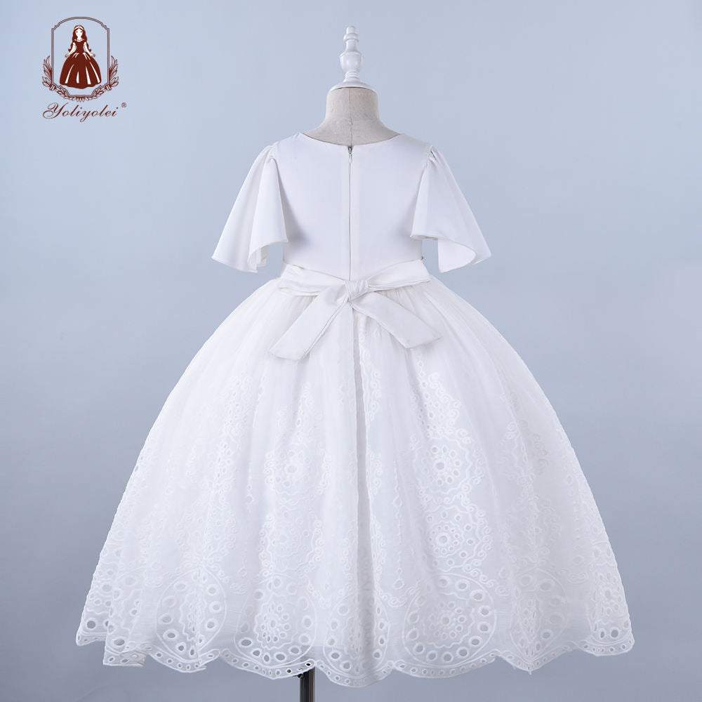 A7487 Yoliyolei Spring Summer Girls Clothing Petal Sleeve Wedding Night Party White Lace Girl Dress With Pink Flower