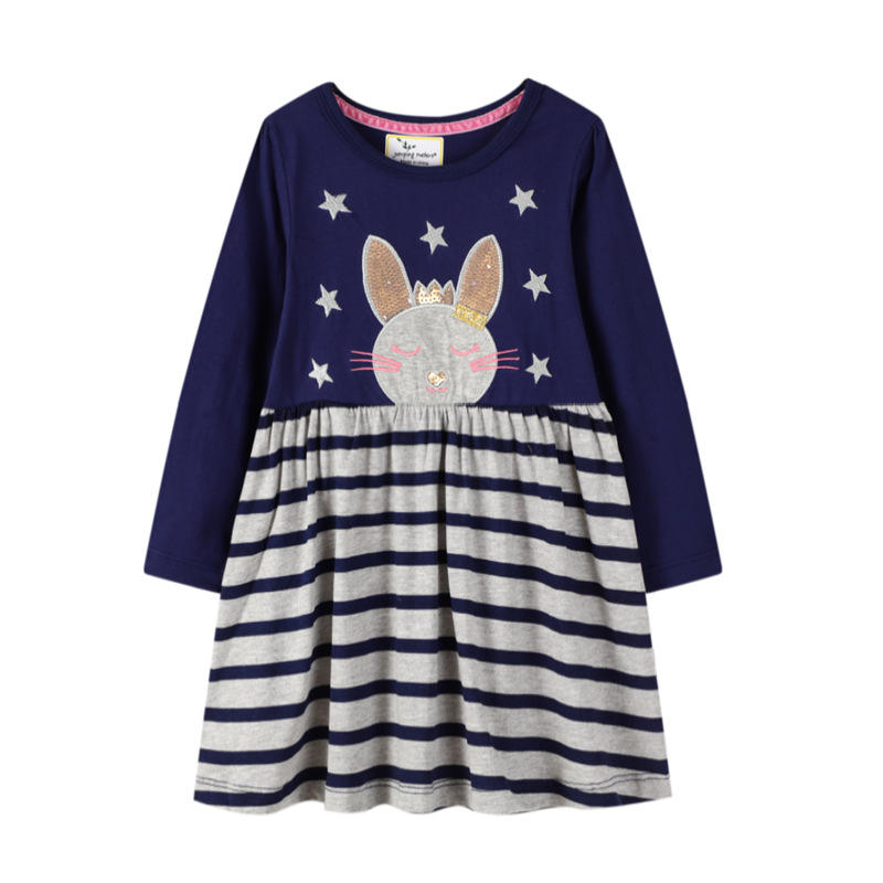 QY005 Navy A-line Fiream Cotton Longsleeve Casual Applique Cartoon Cute Winter Toddler Girls Dresses