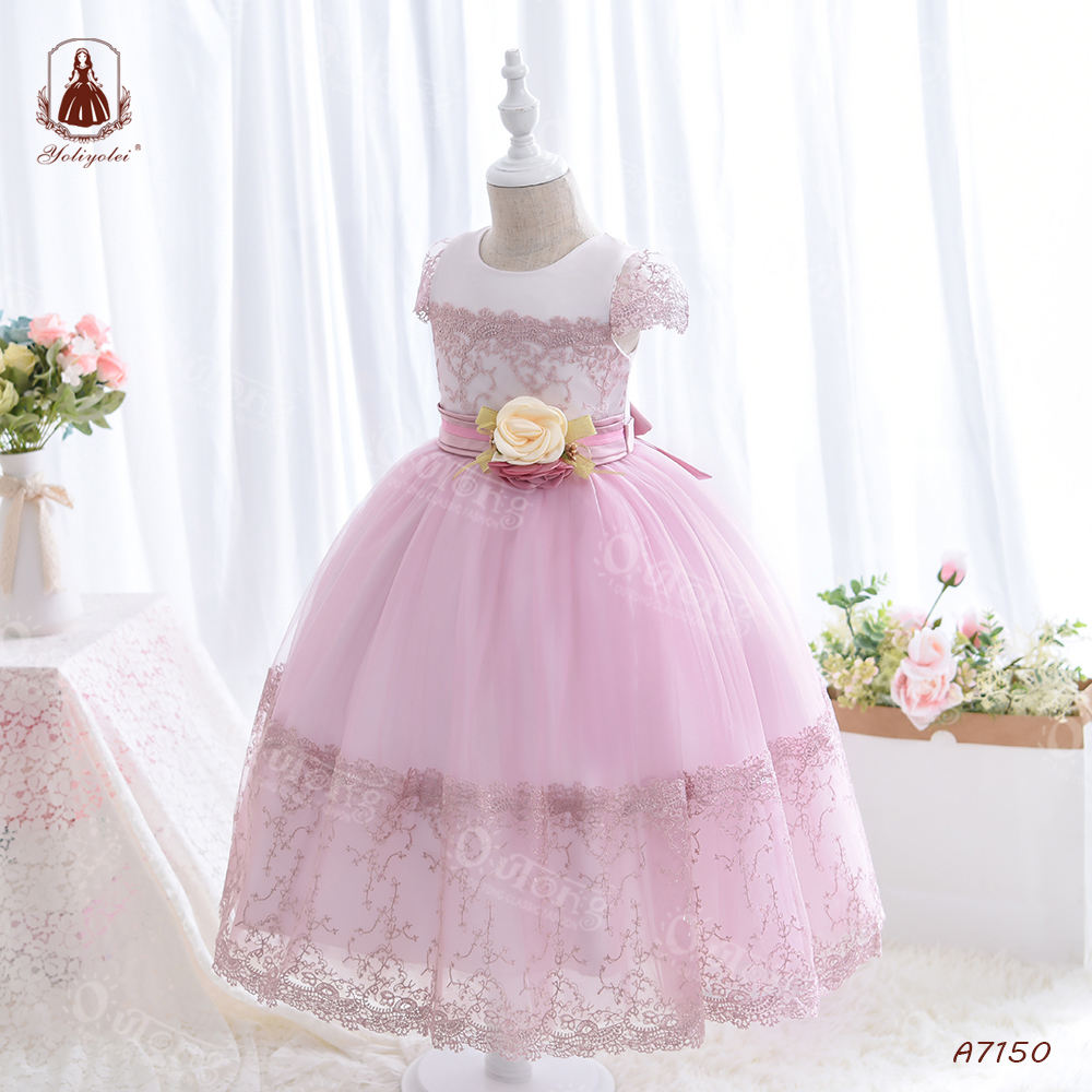 A7150 New Wholesale Long Children Dresses Elegant Party White Lace Flower Girl Prom Dress For Kid