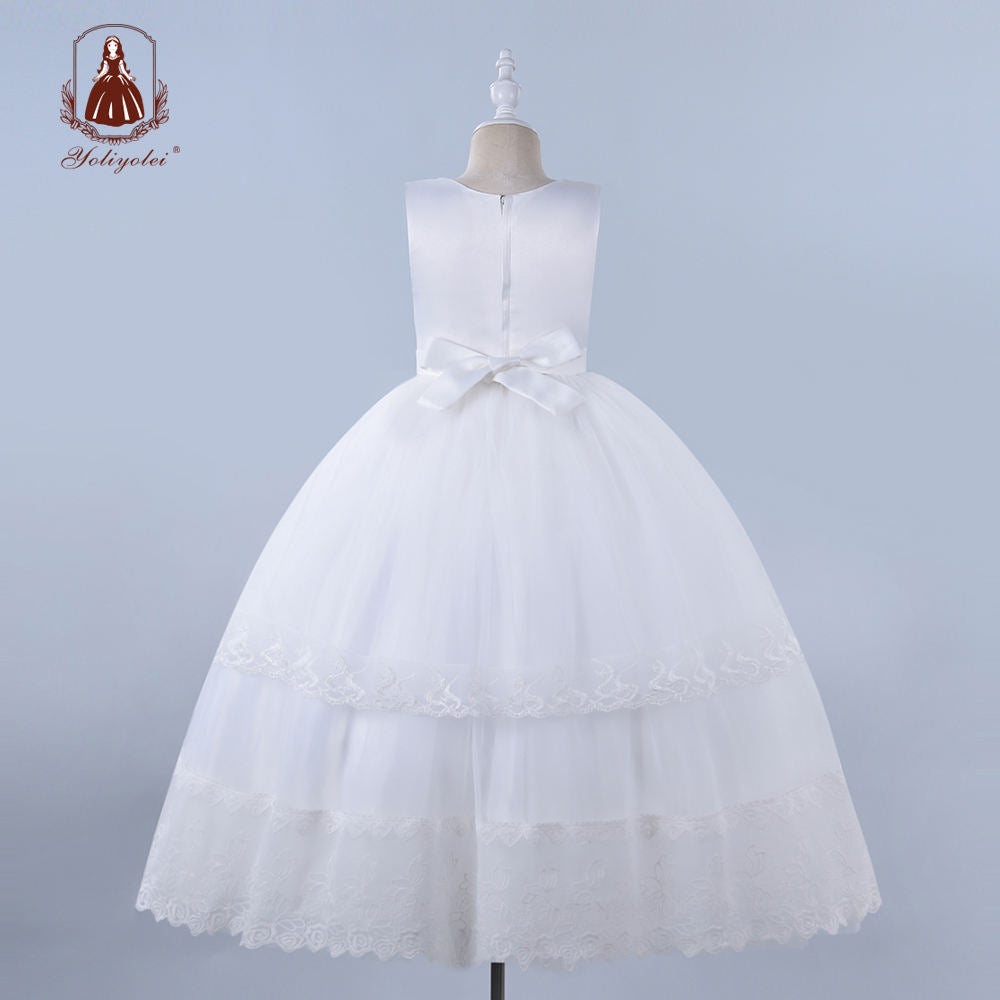 A1-142 Free Sample Summer Children Clothes White Lace Long Daisy Flower Girl Toddler Princess Party Dress With Diamond