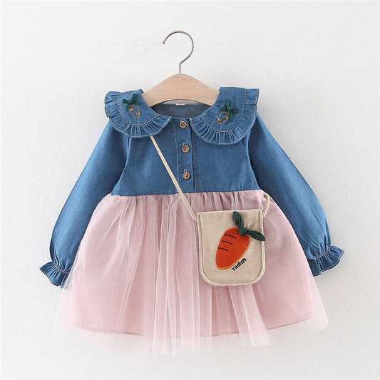 A015 New Boutique Casual Carrot Pattern Daily Wear Tulle Denim Children Dress With Bag