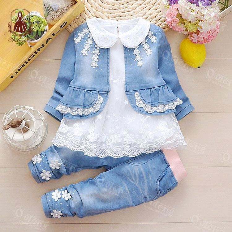 OC003 Children Wear Clothing Demin Coat Pants Kids Girls Clothes Sets For Winter