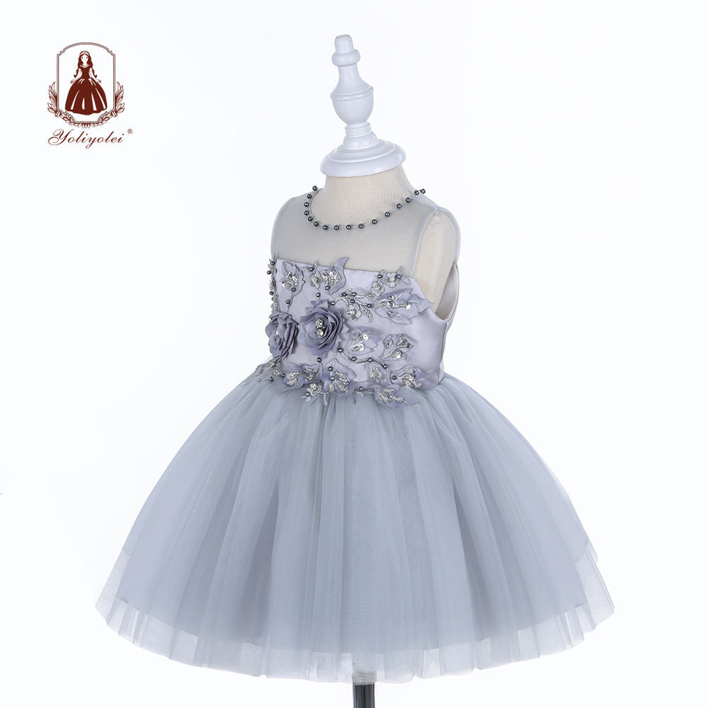 BOS2031 Baby Cheap Wholesalers Princess Elegant Sleeveless Crew Neck Layered Gray Party Baby Girl Dresses