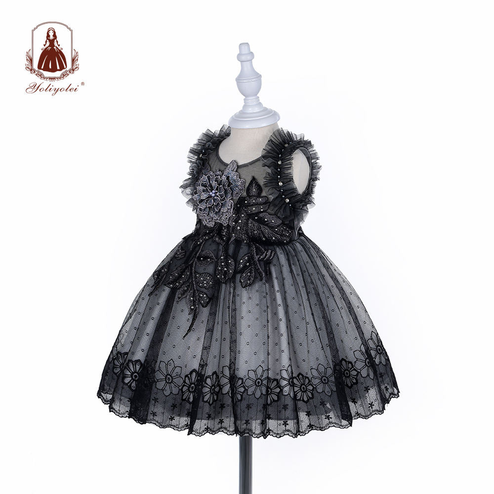 BTY2008 Wholesalers Princess Elegant Sleeveless Crew Neck Layered Black Party Baby Girl Dresses