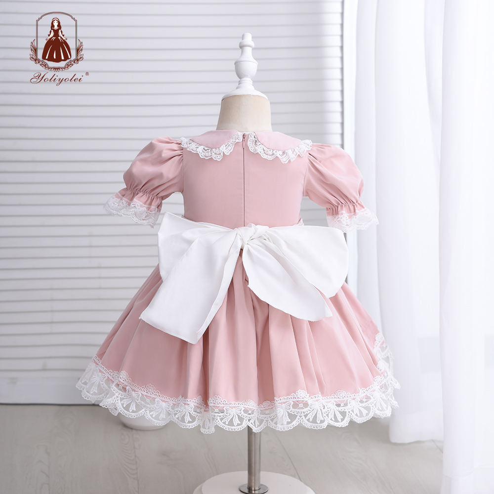 DK102 Kids Clothing Summer Girls Dress Lolita Design Short Sleeve Pink Cute Cartoon Toddler Baby Spanish Dress With Bloomer