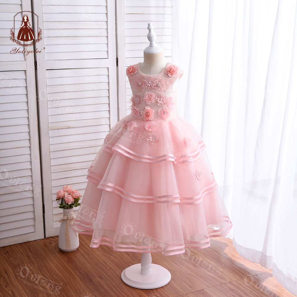 A7517 Formal Children Dress Sleeveless Fashion a-Line Applique Tulle Flower Girl Party Dresses For 4-12 Years Girls