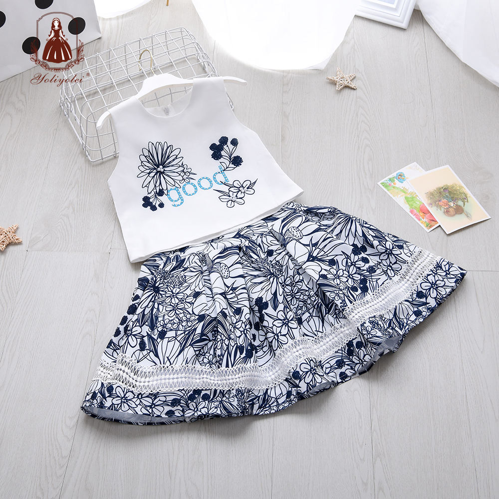 W8323 Summer High Quality Kids Clothing Fashion Top Black Mysterious Pattern Skirt Girl Suits Sets Children Clothes