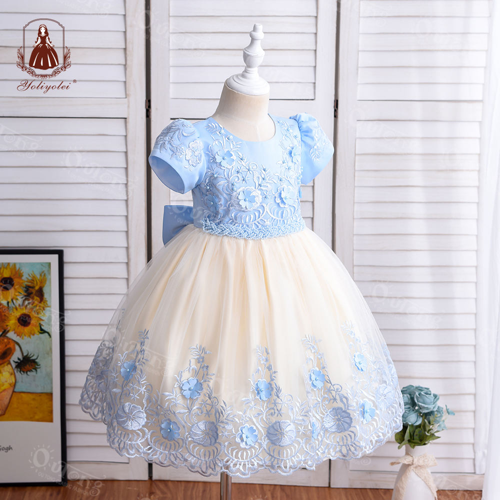 S2438 Girls Clothing Light Blue Champagne Patchwork Color Short Sleeve Party Wear Dress Applique Embroidered Flower Girl Dresses