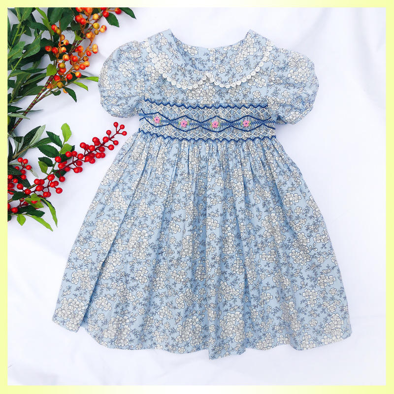 SM002 Embroidered Children Daily Life Wearing Beautiful Flowers Pattern Blue Smoked Dress For Girl 3-7 Years