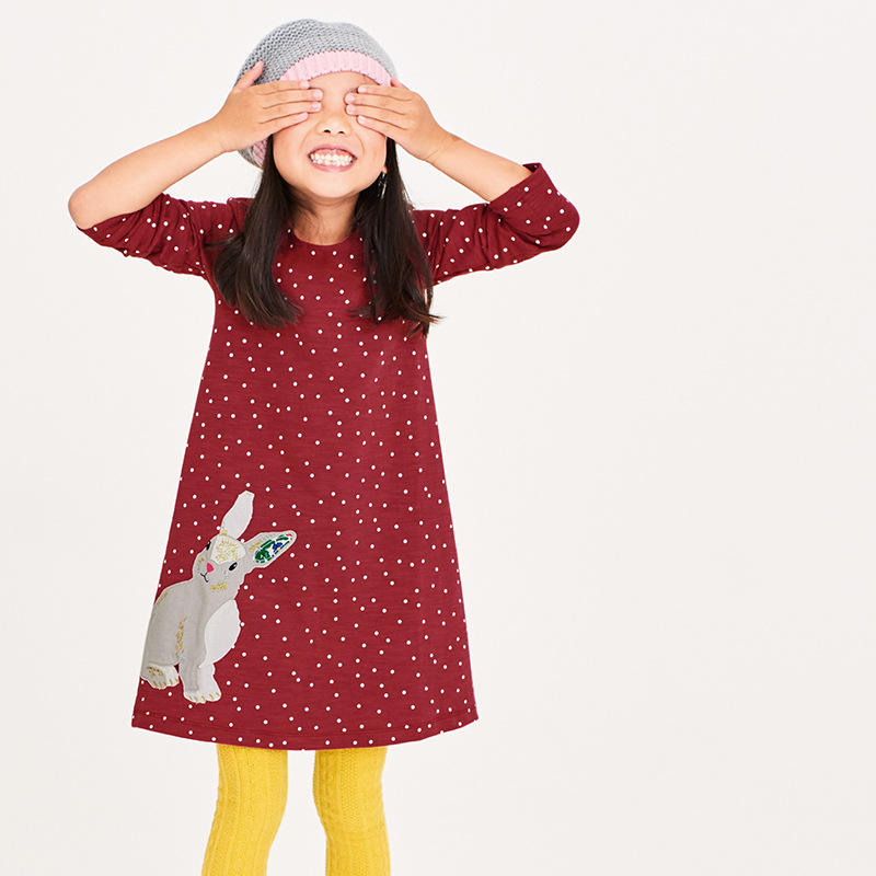 QY022 Wholesale Kaftan a-Line Winter Carton Printed Long Sleeve Christmas Dot Girl Dresses For Kids