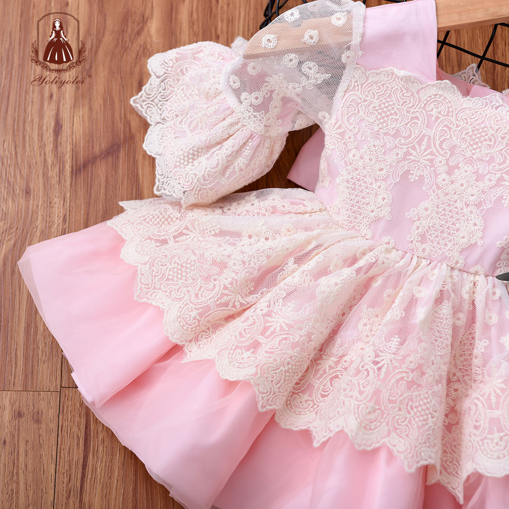 DK106 Children Birthday Wear Pink Half Sleeve Cotton Baby Infant Princess Kids Outfits Lace Girl Spanish Dress With Bloomer