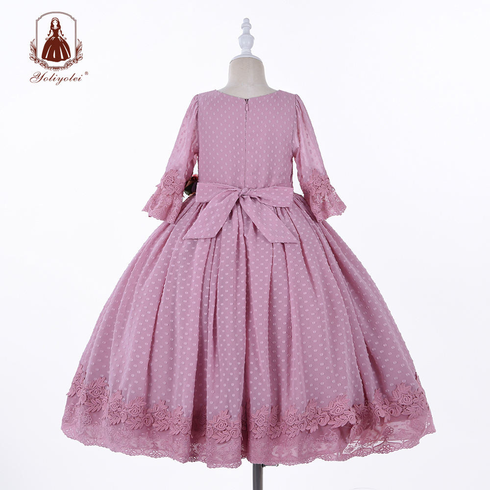 A7486 Fashion Half Sleeve Girl, Fluffy Dress Dot Solid Flower Lace Skirt Pleated Pageant Purple Party Wear Gown For Kid