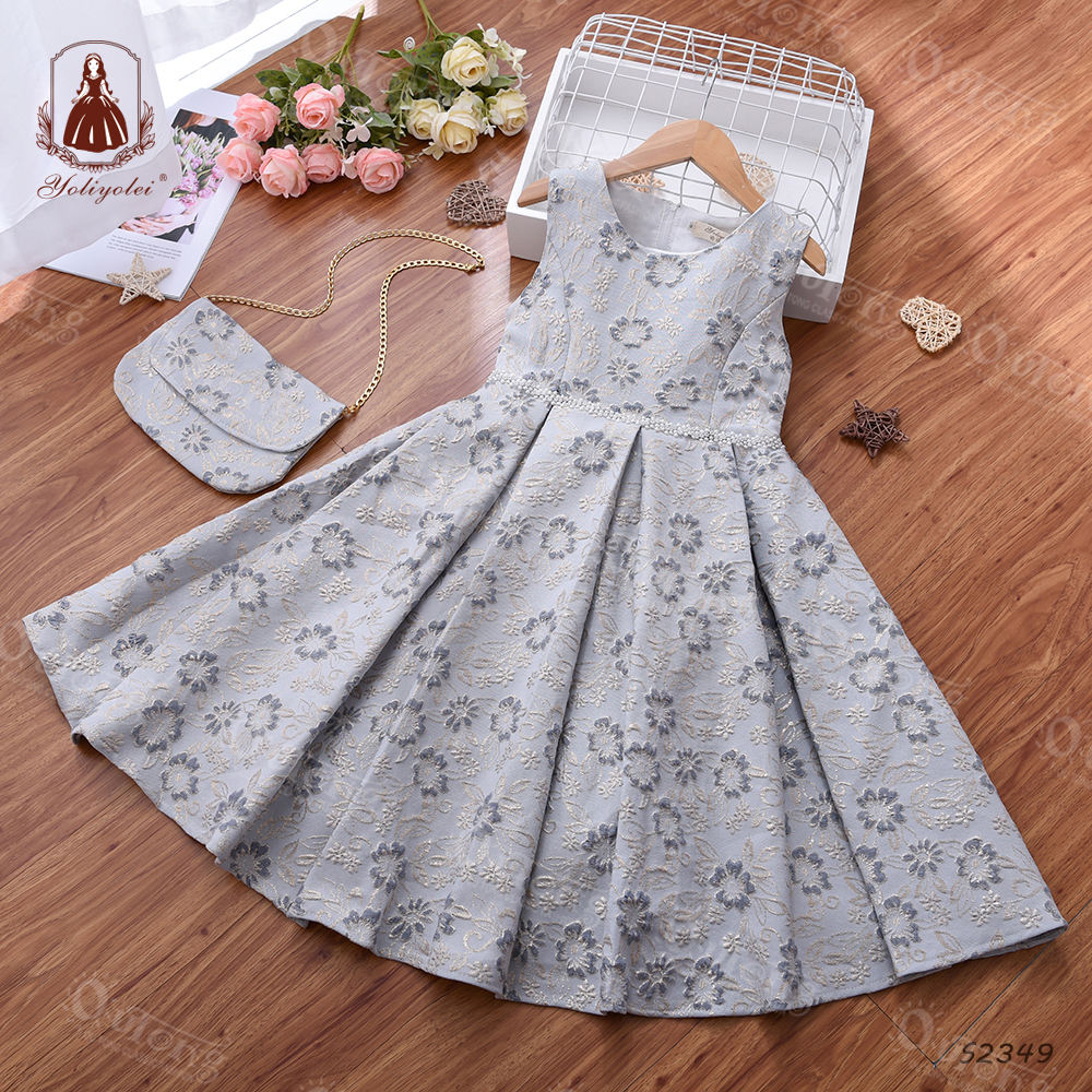 S2349 Cheap Wholesale Summer s2349 Gray White Pink Sleeveless Kids Party Dress Design Solid Girl Jacquard Dress With a Bag