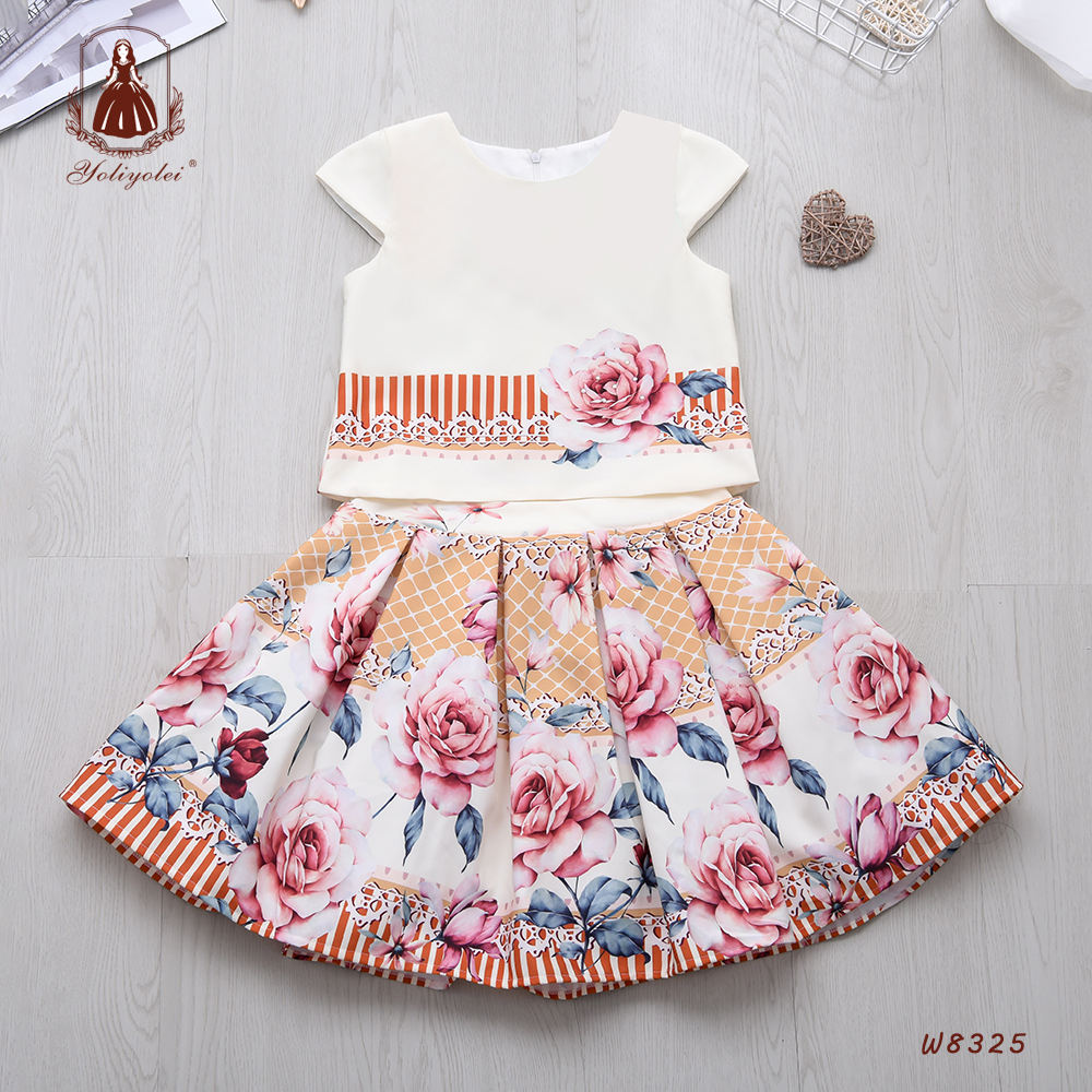 W8325 Summer New Beige Short Sleeve Summer Kids Clothing Casual Girl Outfits Top + Skirt Flower Printed Clothing Sets For Girl