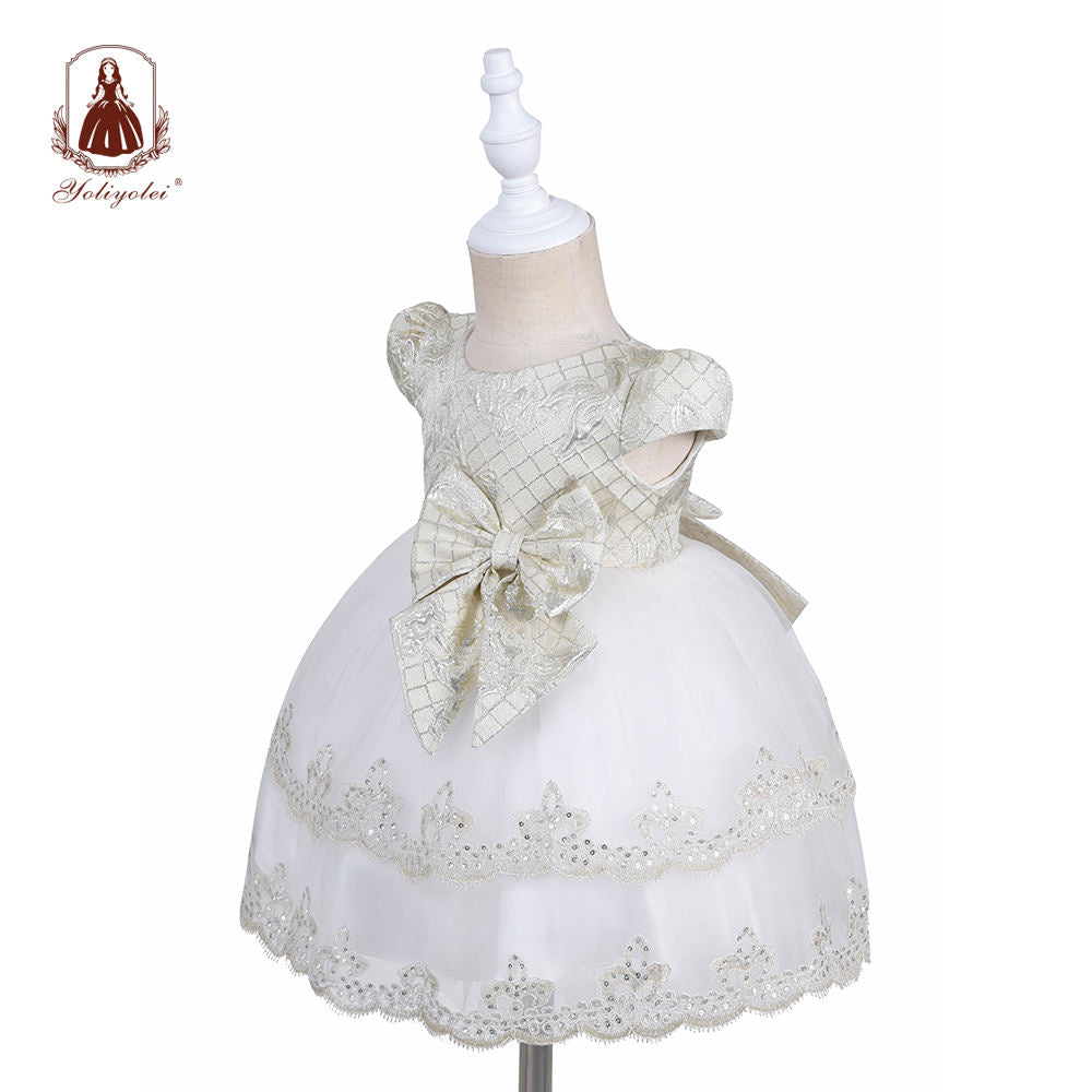 B0-2163 Baby Cheap Wholesalers Princess Sweet Short Sleeve Crew Neck Layered White Party Baby Girl Dresses