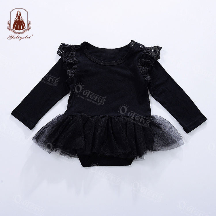 D0056 Winter And Autumn Long Full Sleeve Lace Yarn Button 100% Cotton Baby Girls Romper For Kids 1-5 Years