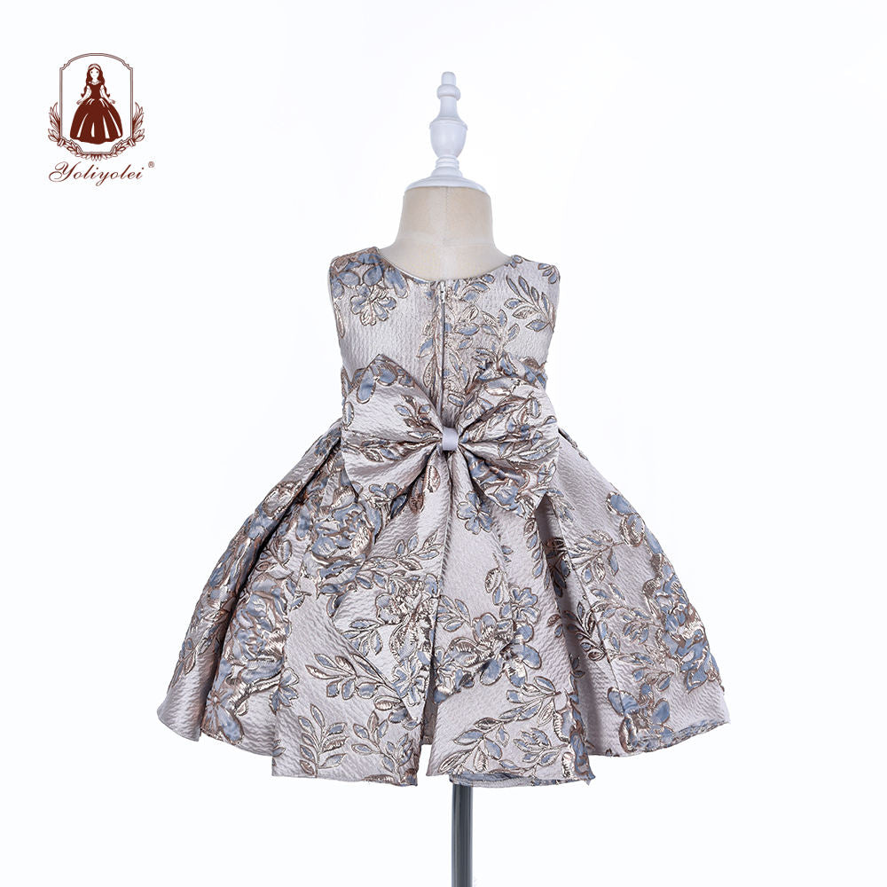 BOS2033 Wholesalers Princess Sweet Sleeveless Crew Neck Block Printed Gray Party Baby Girl Dresses