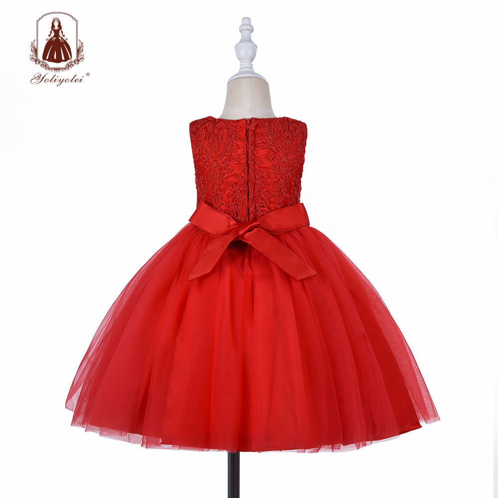 BK356 Wholesale Embroidery Top Ball Gown Bow Belt Boutique Children Wear Rose Red Long Toddler Frock Dress For Girl