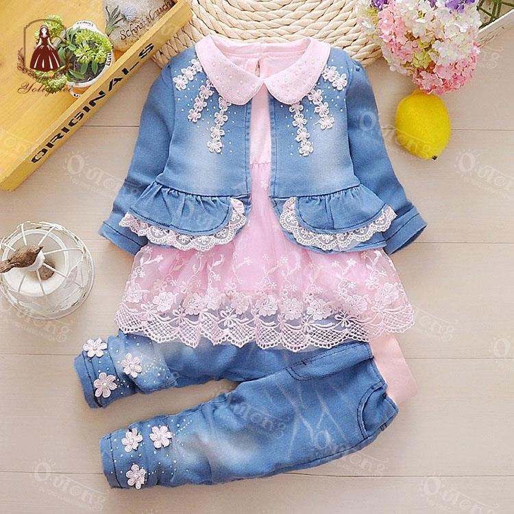 OC003 Children Wear Clothing Demin Coat Pants Kids Girls Clothes Sets For Winter