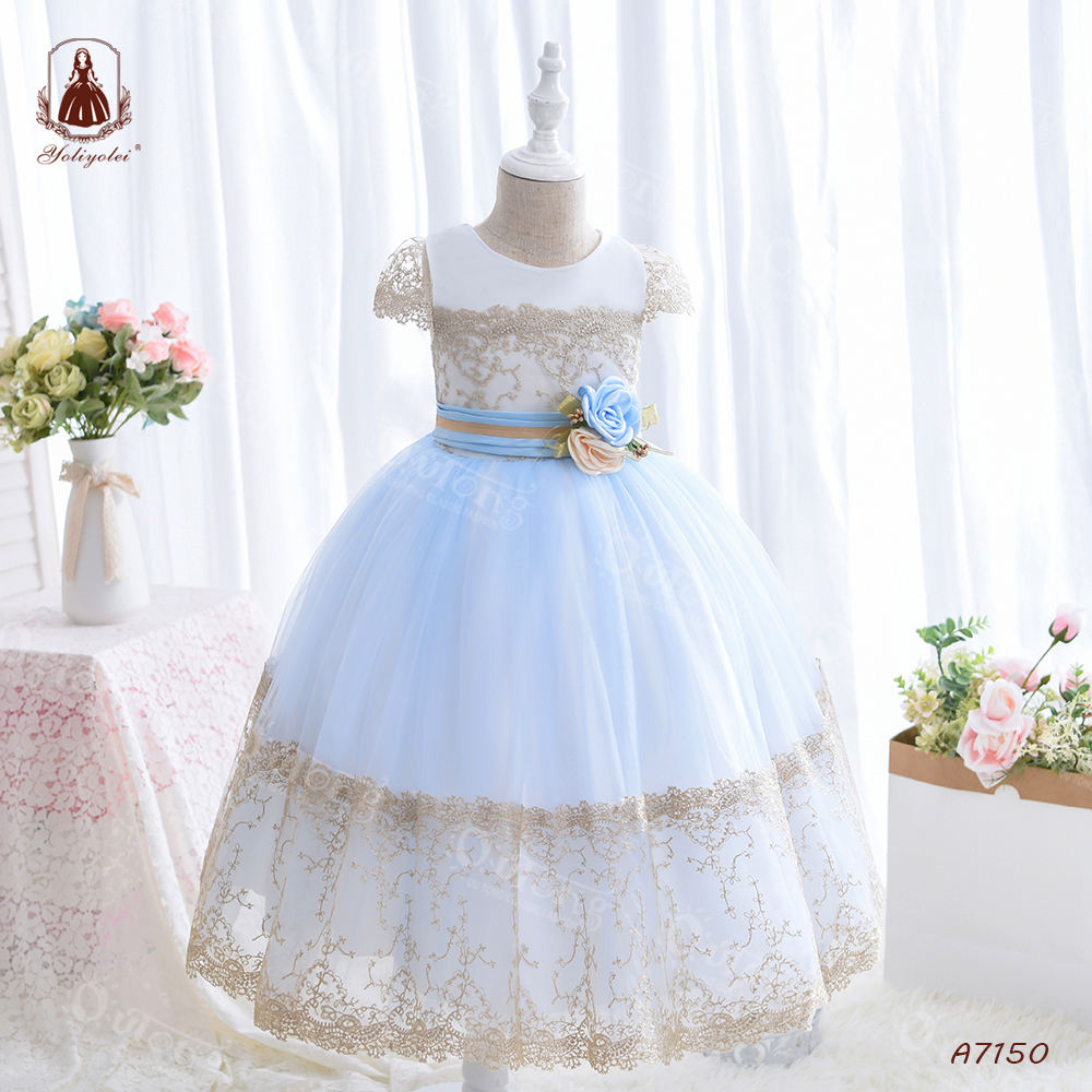 A7150 New Wholesale Long Children Dresses Elegant Party White Lace Flower Girl Prom Dress For Kid