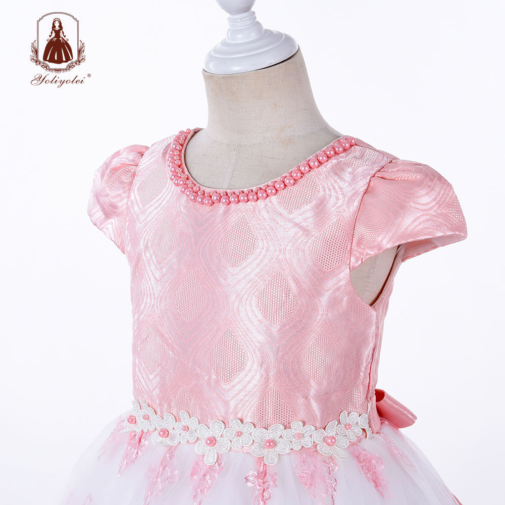 A1-035 Yoliyolei Spring Summer Girl Princess Party Dress Pink Short Sleeve Beading Lace Long Frock Wedding Kids Gown Dress For Girl