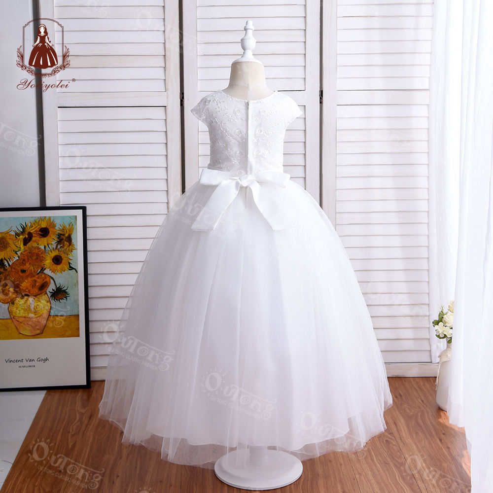 KE07 Semi-Perspective Top Embroidered Flower Party Wear Princess White Kids Bridesmaid Wedding Dress For Girl