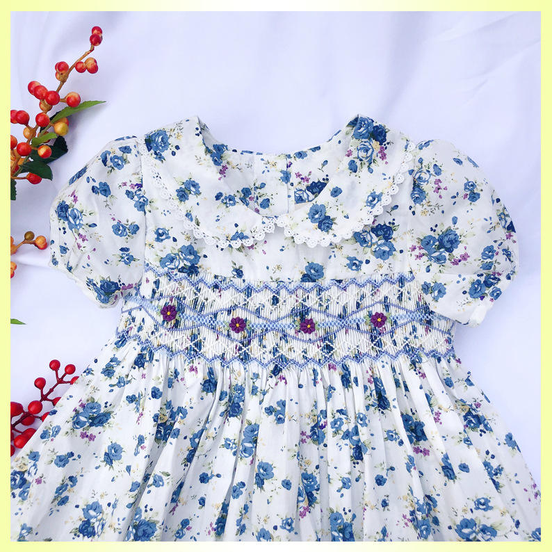 SM002 Embroidered Children Daily Life Wearing Beautiful Flowers Pattern Blue Smoked Dress For Girl 3-7 Years