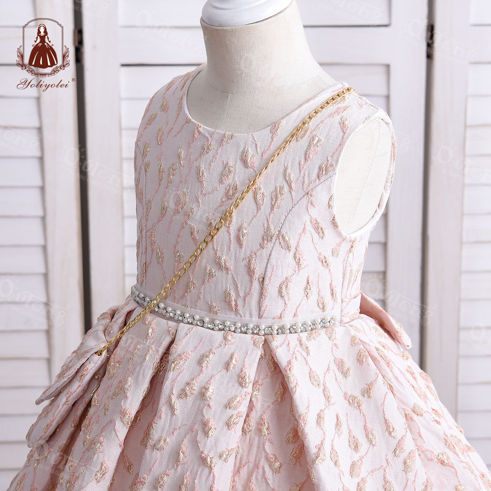 S2352 Cheap Wholesale S2352 Pink Children Party Dress Design Beading Solid African Kids Jacquard Dress For Girls