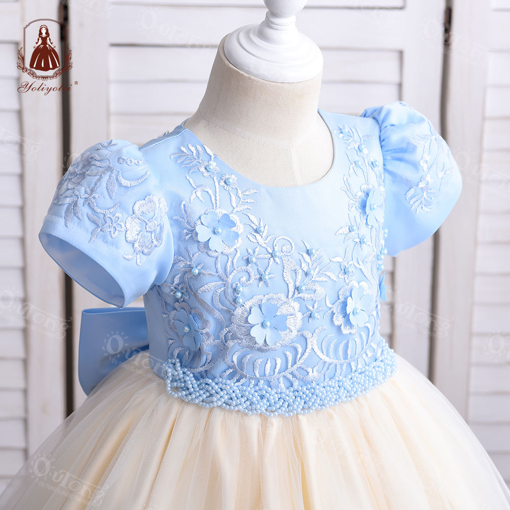 S2438 Girls Clothing Light Blue Champagne Patchwork Color Short Sleeve Party Wear Dress Applique Embroidered Flower Girl Dresses